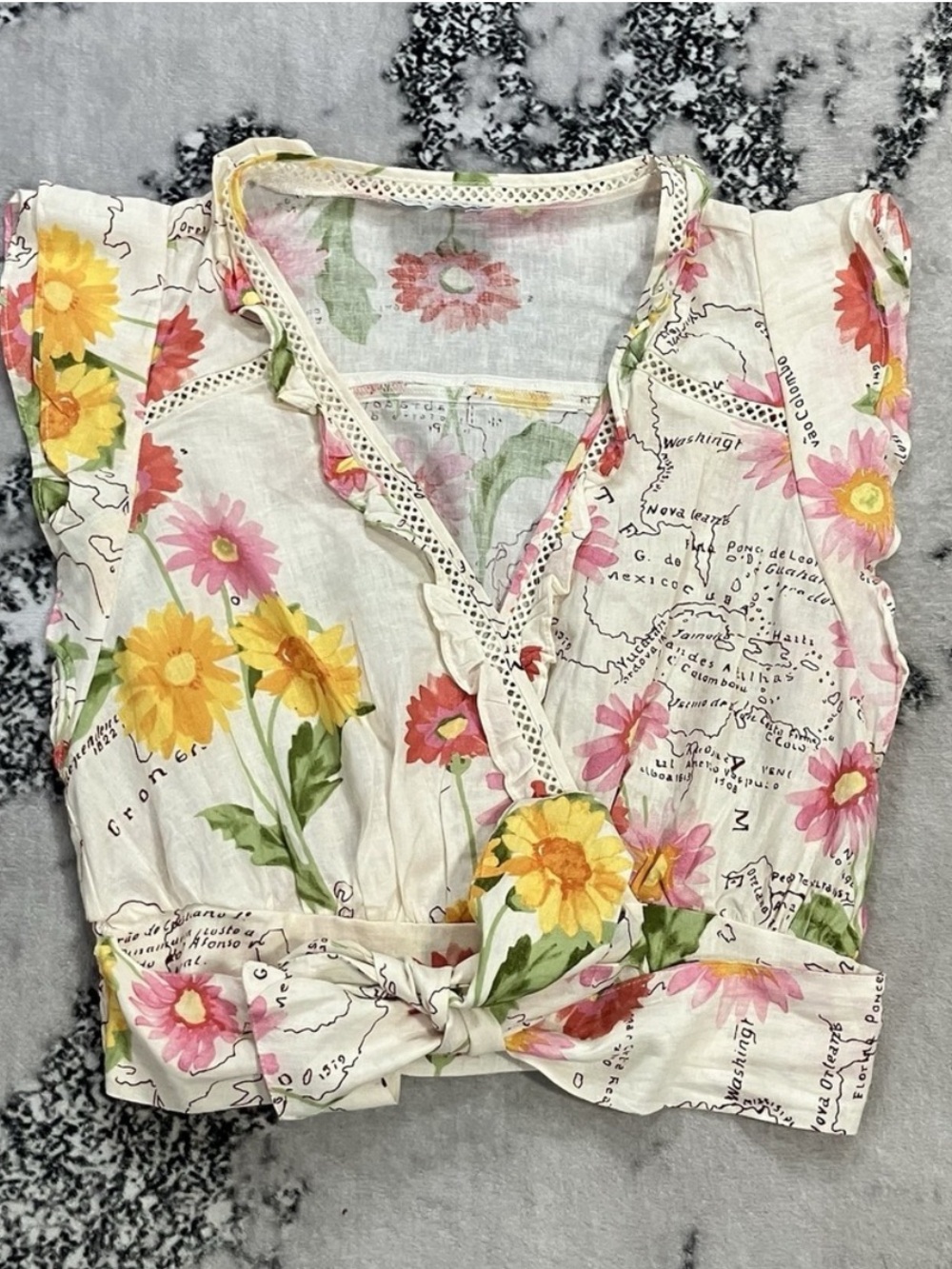 Calypso St Barth Linen Blend Floral Map Print Wrap Tie Waist Blouse Top Small